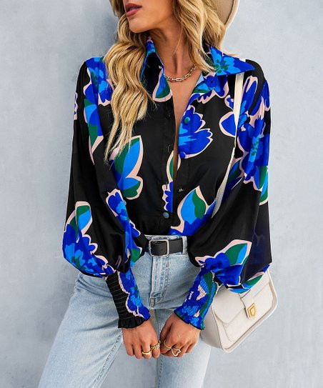 Gaovot Black & Blue Floral Puff-Sleeve Button-Up - Women | Zulily