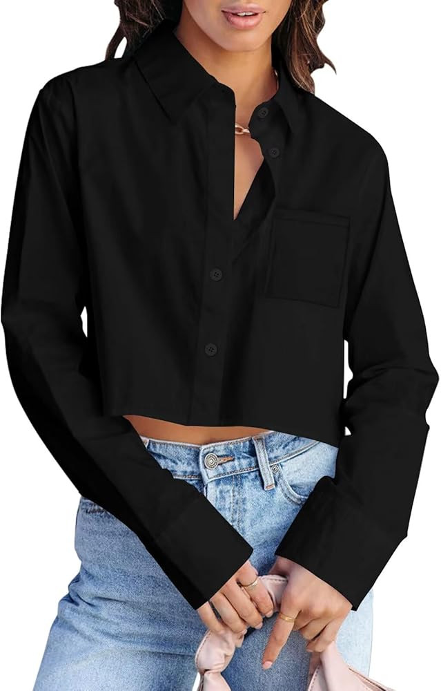 BONITEE Women Cropped Long Sleeve Button Down Shirts Spring Fall Casual Button Up Crop Blouses Se... | Amazon (US)