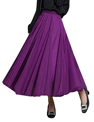 FEOYA Women's High Waist A-Line Elegant Pleated Skirt Vintage Tulle Maxi Skirt Elastic Waistband Purple 2 | Amazon (UK)