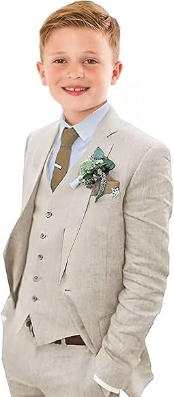 Boys Linen Suit Slim Fit 3 Piece Summer Beach Wedding Light Weight Suit Kids Linen Suit Jacket Ve... | Amazon (US)