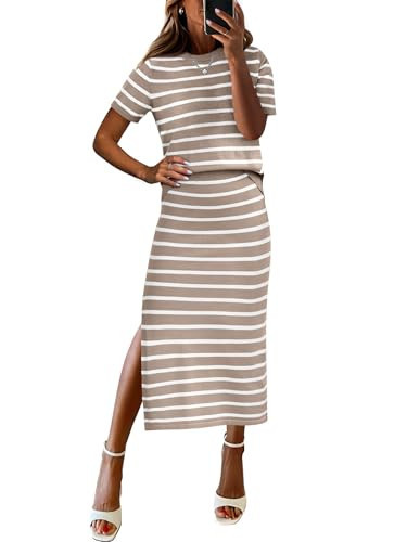 ANRABESS Womens 2 Piece Skirt Sets,Striped Knit Sweater Midi Dress,Comfy Cute,Lounge Casual Travel for Summer or Early Fall Beige White Medium | Amazon (US)