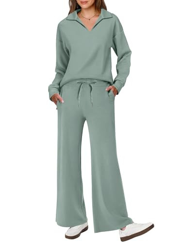 ANRABESS Women's 2 Piece Outfits Lounge Sets Casual Long Sleeve Sweatsuits Polo Top Wide Leg Pants Spring Sweat Matching Sets Pea Green Large | Amazon (US)