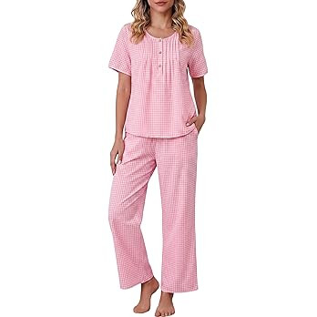 Tanming Womens 2 Set Gingham Pajama Set Half Sleeve Shirt Wide Leg Pants Y2K Cotton Matching Loun... | Amazon (US)