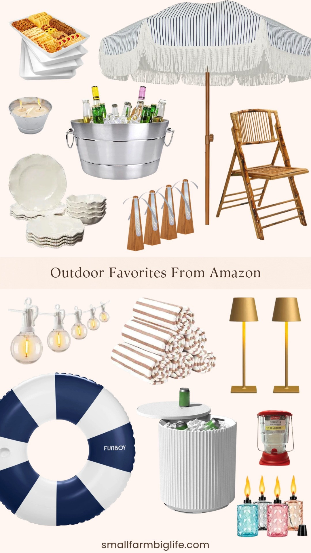 Outdoor season is in full swing and Amazon has so many great pieces to make your patio or backyard feel like a retreat. The fringe patio umbrella and the cooler side table are both such functional and stylish additions, and the LED string lights and cordless table lamp make evenings outside so much cozier. I love the beaded dinnerware set for easy outdoor entertaining, and the citronella candles, lanterns, and tabletop torches help keep the bugs away without sacrificing style. The striped pool float and beach towels are perfect for pool days, and the portable fly fans and bamboo folding chairs round out everything you need for a comfortable summer setup. Tap to shop! 

 #LTKSeasonal #LTKHome #LTKSaleAlert