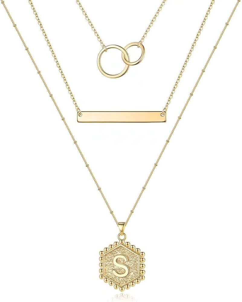 Layered Initial Necklaces for Women, 14K Gold Plated Dainty Infinity Circles Bar Hexagon Letter Pendant Necklace Jewelry Gifts for Women Teens, Trendy 3 Separate Necklaces Set Letter A to Z Necklace | Amazon (US)