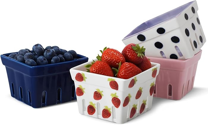 4 Pack Ceramic Berry Basket 4.25 x 4 Inches Square Fruit Bowl Container Strawberries and Blueberr... | Amazon (US)