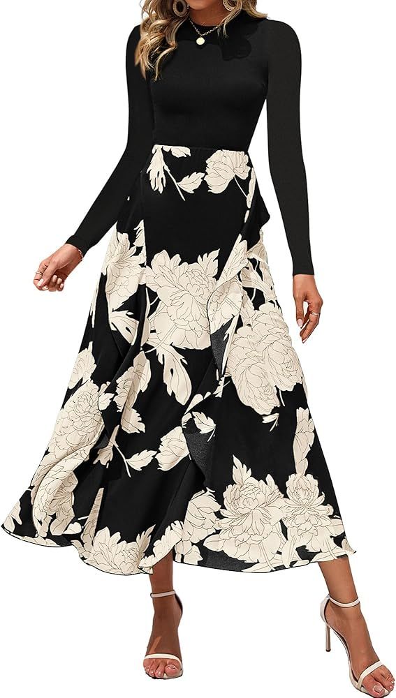 BTFBM Womens Fall Fashion 2024 Floral Maxi Dress Casual Crewneck Long Sleeve Ruffle Flowy Cocktai... | Amazon (US)