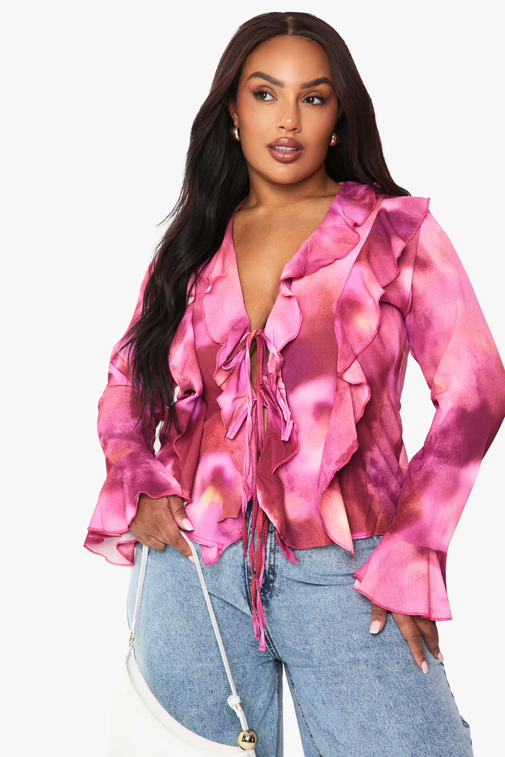 Plus Blurred Floral Tie Front Ruffle Blouse | Boohoo.com (UK & IE)