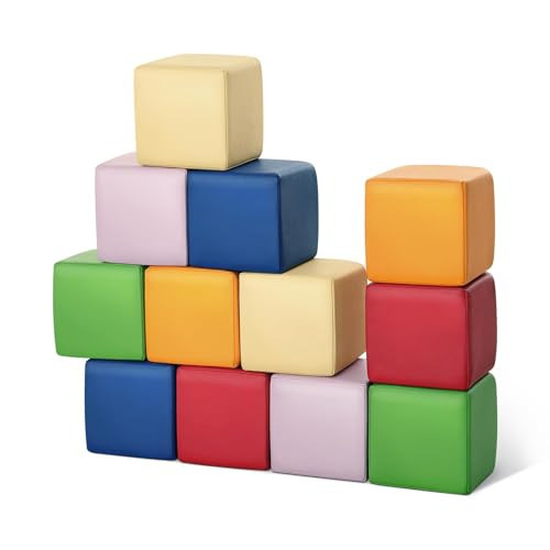 TODIBY Foam Building Blocks for Toddlers：12-Pieces Wipeable Leather Stacking Cubes Kids - Large Soft Toys Play Set for Learning Construction Baby Preschool Daycare Therapy Birthday Gift (Rainbow) | Amazon (US)