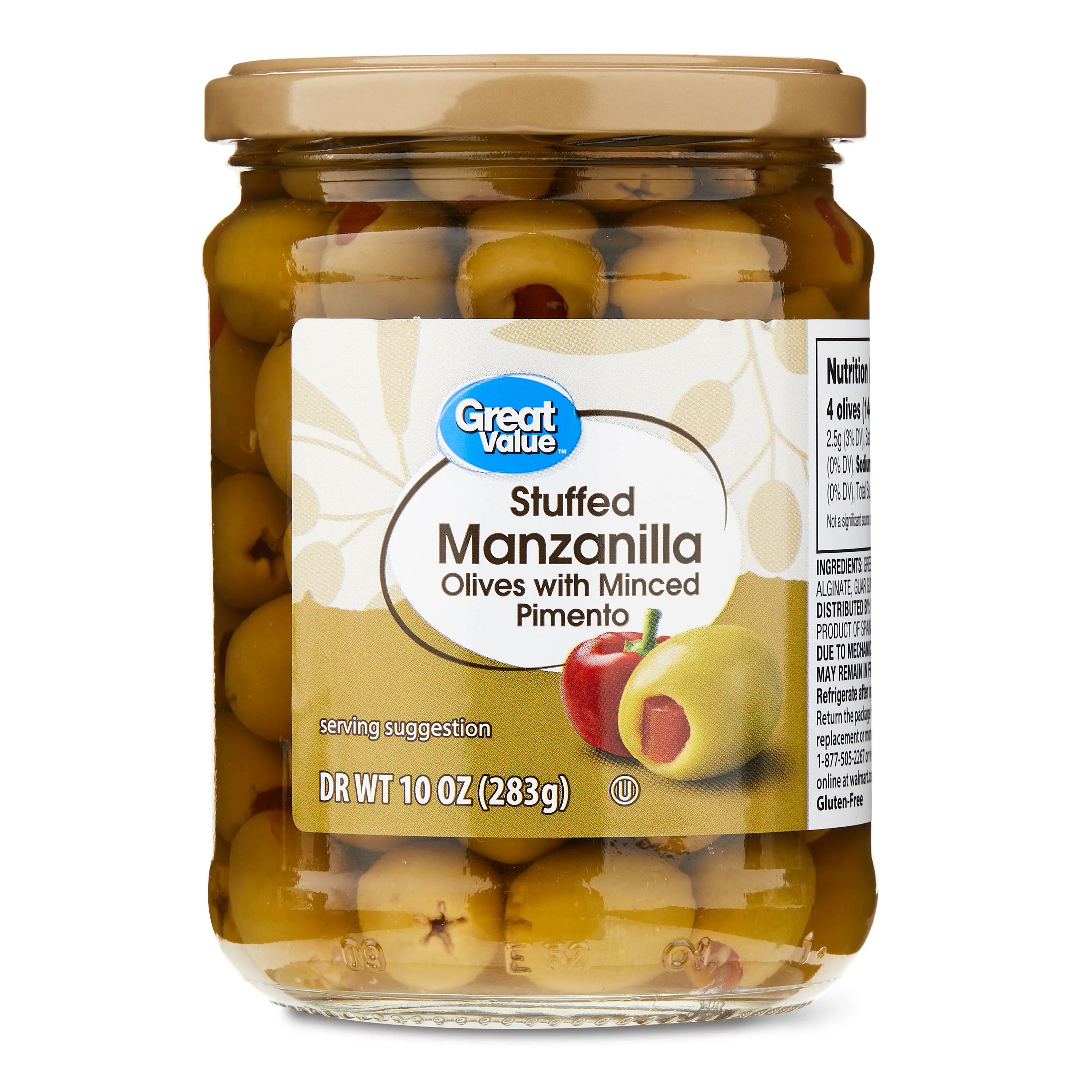 Great Value Stuffed Manzanilla Olives with Minced Pimento, 10 oz Jar - Walmart.com | Walmart (US)