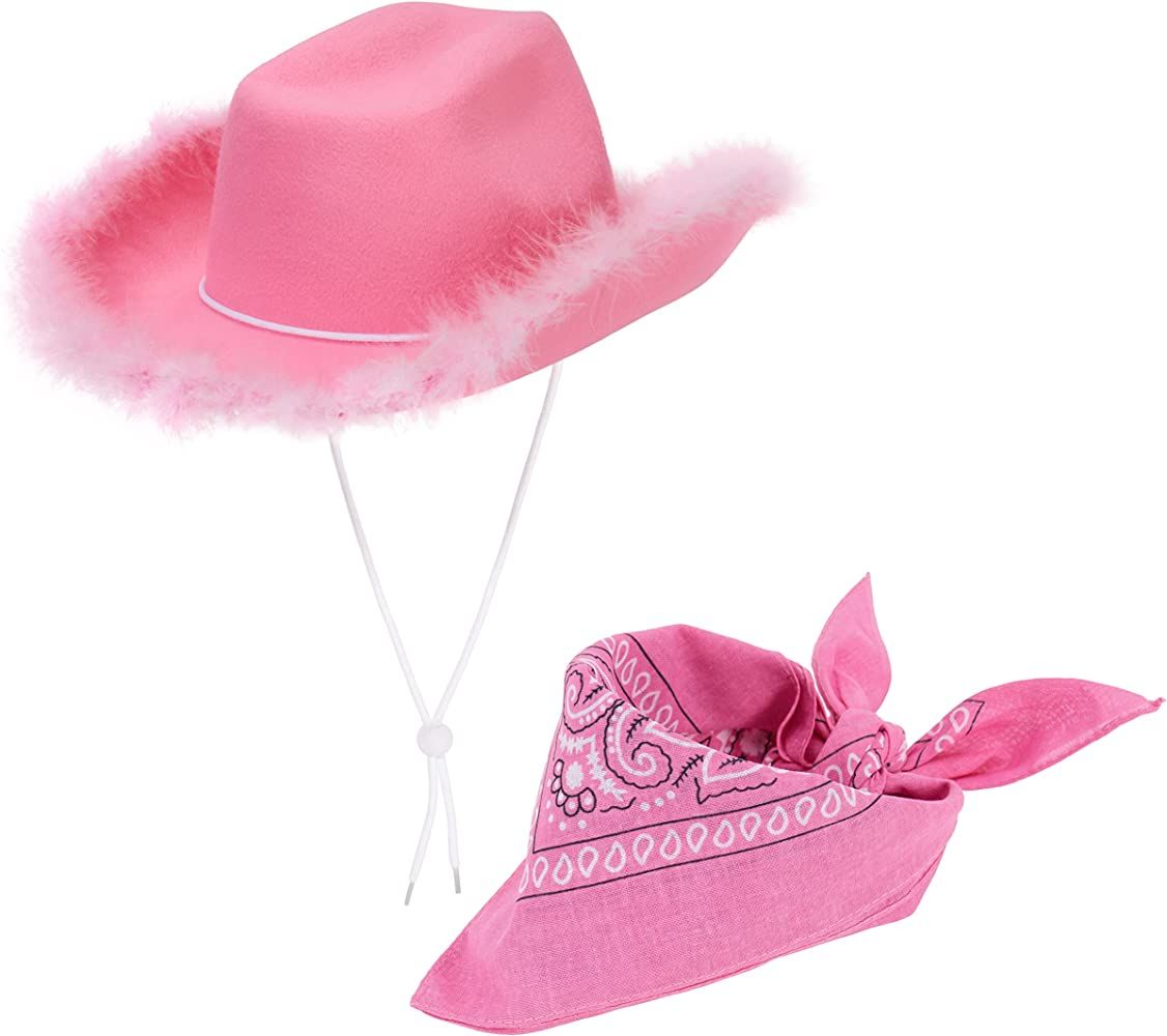 Cosmic Chameleon Pink Boa Cowboy Hat with Paisely Bandana, Rodeo Princess Hat for Adult, Cowboy H... | Amazon (US)
