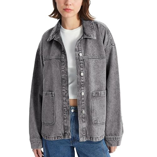 Hixiaohe Jean Jackets for Women Trendy Button Up Denim Shirt Jacket Oversized Long Sleeve Coat Fashion Clothes with Pockets(Grey,S) | Amazon (US)