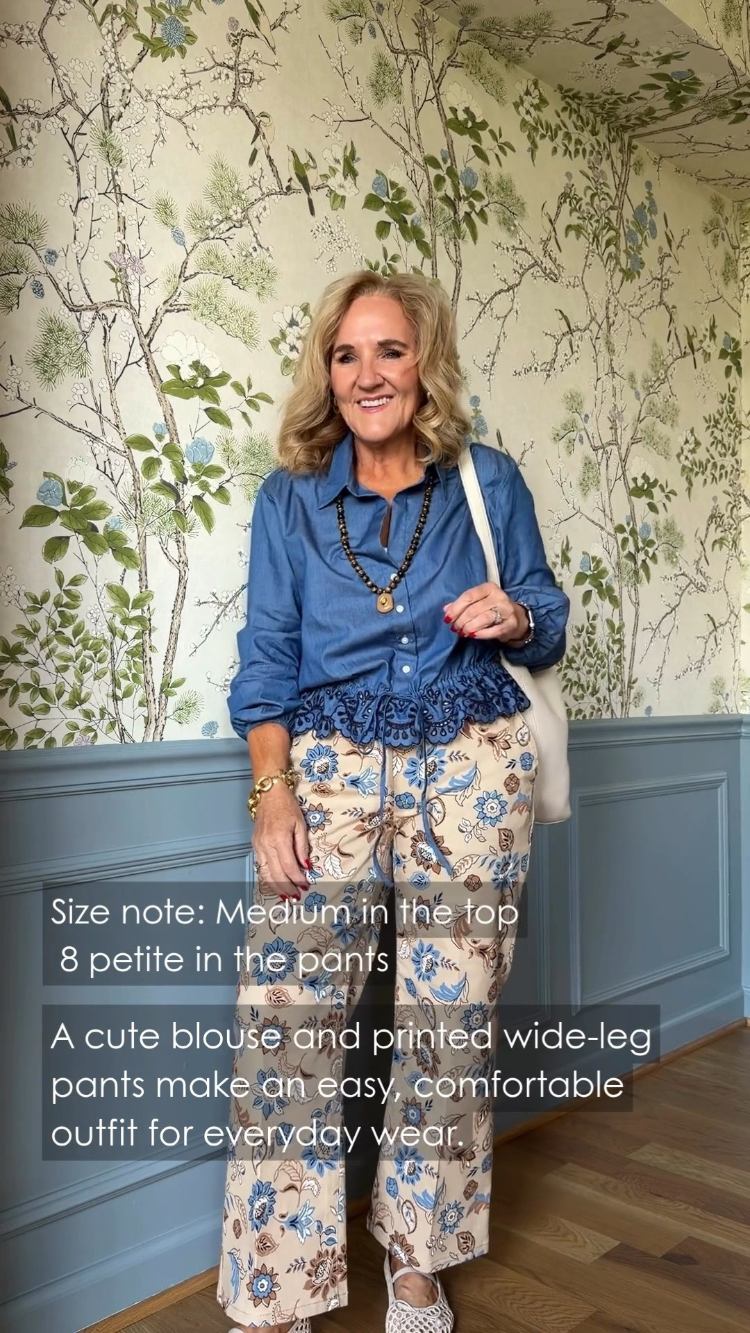 This blue peplum blouse and floral wide-leg pants make such a pretty statement! The relaxed fit keeps the bold print comfortable and easy to wear.

💡 LTK MADE EASY
❤️ Heart = Support my posts!
🔖 Save = Get sale & restock alerts
📋 Lists = Keep favorites organized
📲 Share = Send lists and products to a friend. Hello, Christmas List!
💬 Comment = Ask me anything about what I'm wearing.:-)

#LTKgrwm #LTKootd #LTKOver40