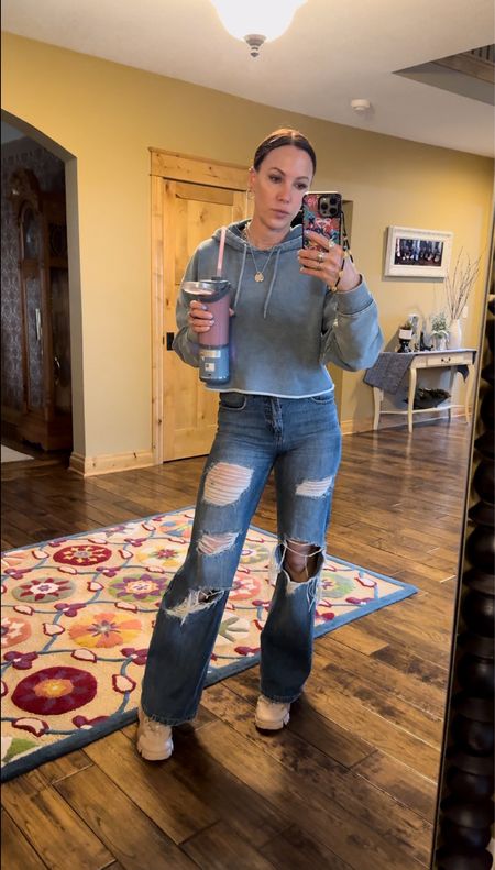 Ripped jeans, cropped hoodie and my smoothie. Ready for the day! Wearing size 25 in jeans and size small in hoodie. Sneakers are Dior size 7.5 

#LTKStyleTip #LTKOver40 #LTKGiftGuide