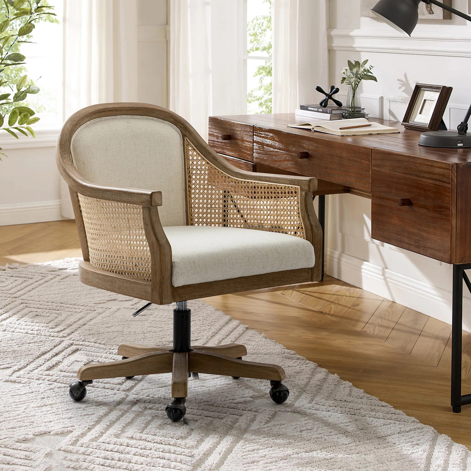 Ophelia & Co. Ackeron Farmhouse Rattan Upholstered Office Task Chair with Solid Wood Arms and Bas... | Wayfair North America