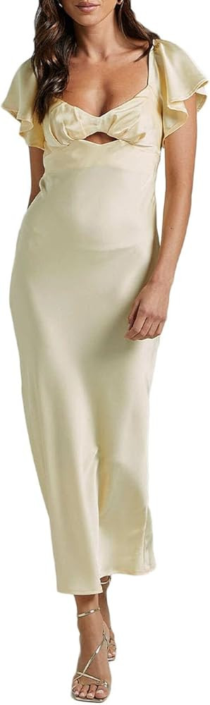 Summer Satin Flutter Sleeve Wedding Guest Dresses for Women Sweetheart Neckline Cutout Tie Back M... | Amazon (US)
