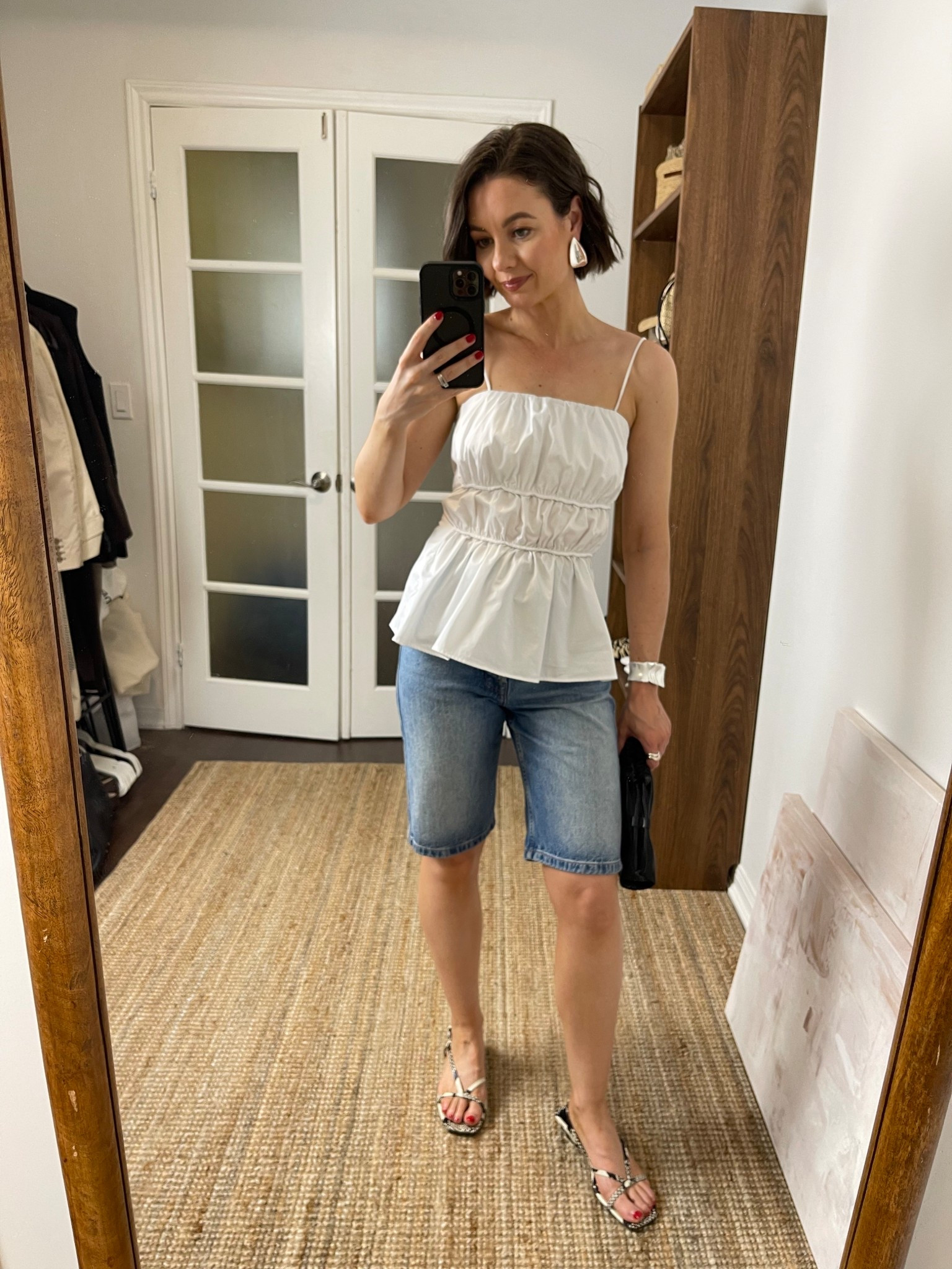 Cotton top (2/32), denim bermuda shorts, snake print sandals

#LTKFindsUnder100 #LTKStyleTip #LTKSeasonal