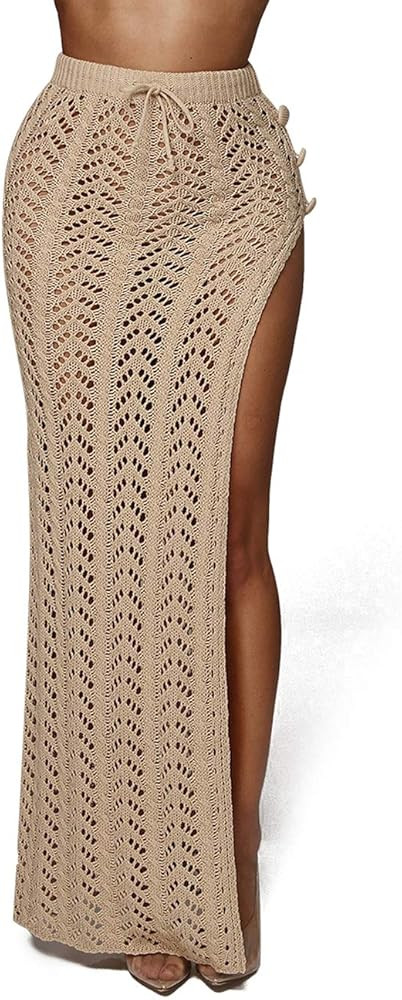 Womens Crochet Beach Cover Up Skirts Sexy High Waist Hollow Out Long Maxi Skirt Slit | Amazon (US)