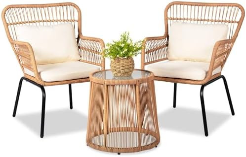 3 Piece Outdoor Wicker Furniture Bistro Set, Rattan Chairs Conversation Sets Wicker Patio Furnitu... | Amazon (US)