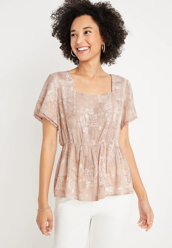 Paisley Lace Trim Peplum Top | Maurices