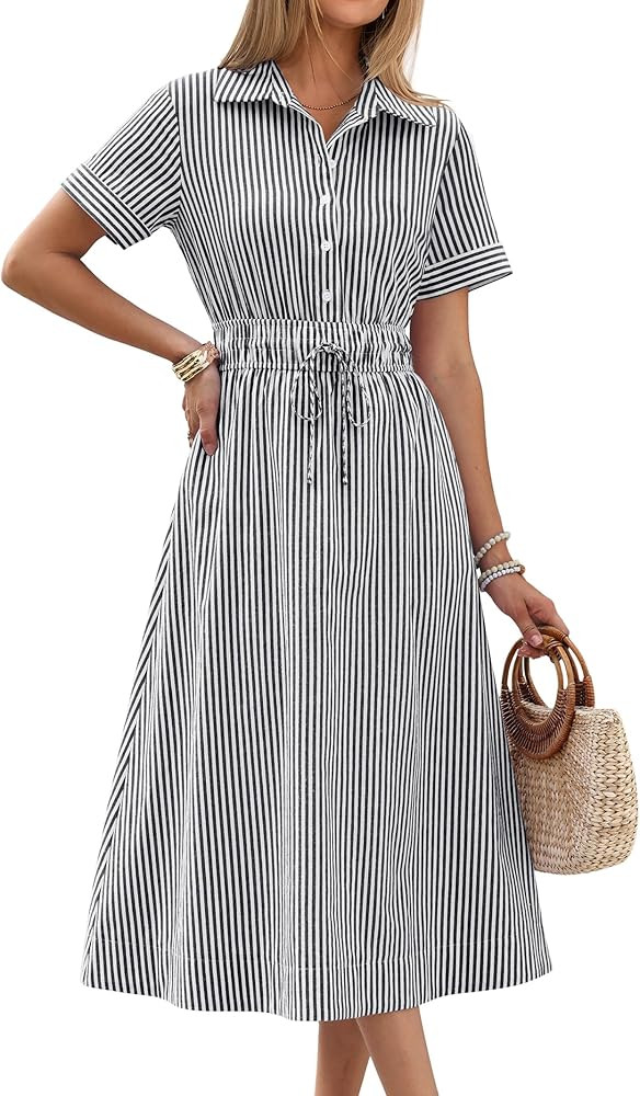 ANRABESS Womens Summer Midi Dress Short Sleeve Striped Plaid Button Collar Shirt Dresses 2026 Cas... | Amazon (US)