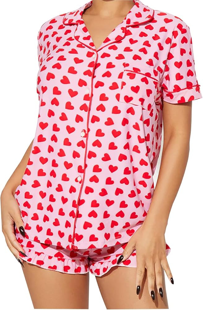 Women 2 Pieces Heart Floral Bow Pajama Sets Button-Down Short Sleeve Shirt Ruffle Short Sleepwear | Amazon (US)