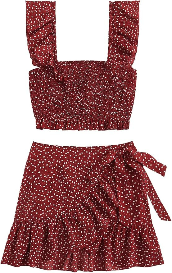 MakeMeChic Women's Two Piece Ruffle Trim Cami Crop Top and Wrap Skirt Set | Amazon (US)