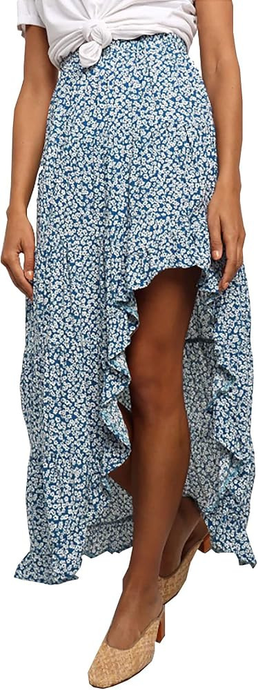 BTFBM Women 2023 Summer Spring Boho Long Skirts Dress Floral Print Elastic Waist Split Ruffle Hig... | Amazon (US)