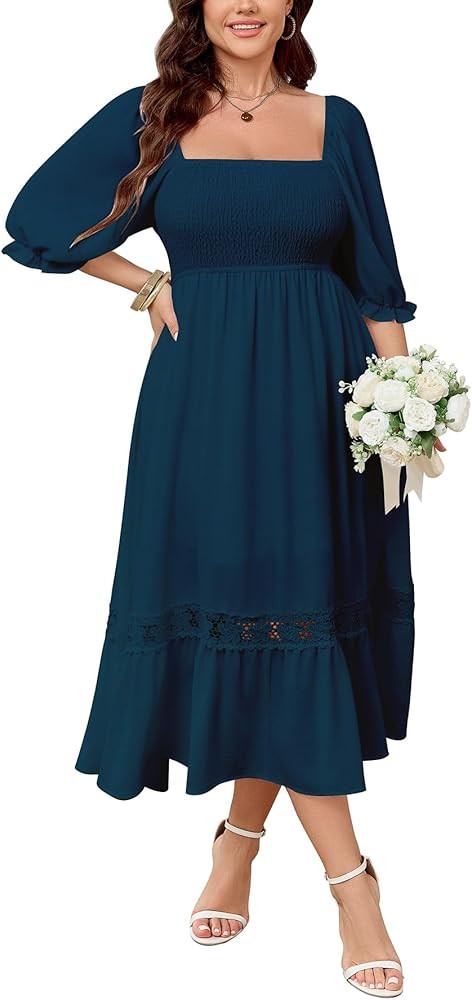 SCOMCHIC Women's Plus Size Maxi Dress Short Sleeve Square Neck Smocked Flowy A-Line Lace Trim Boh... | Amazon (US)