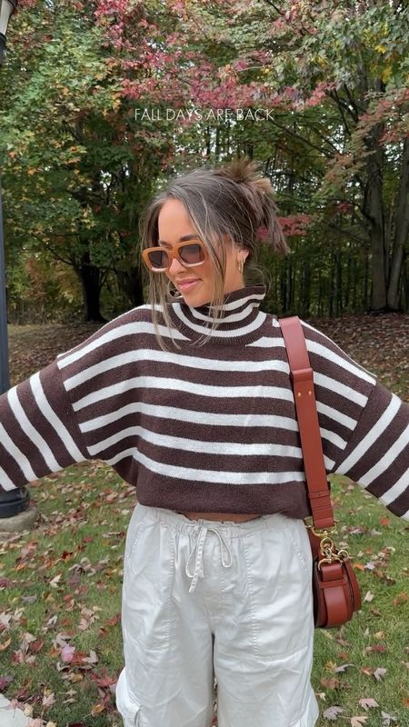 Yesterdays fall outfit of the day 🤎🤎 the first of many fall looks!!! Best time of year! 🍂 my sweater is only $25 and one of my faves I have found this season! 😍 sized up to an XL! 

Target style, cargos, striped sweater, turtleneck sweater, Amazon sunglasses, Chloe bag, fall accessories, platform Ugg, platform Ugg slip-ons, claw clip hairstyles 

#LTKfindsunder50 #LTKshoecrush #LTKSeasonal