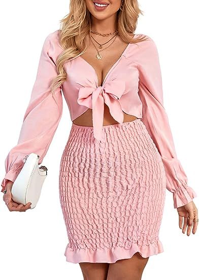 LYANER Women's V Neck Bow Tie Front Cut Out Shirred Long Sleeve Sexy Mini Dress | Amazon (US)