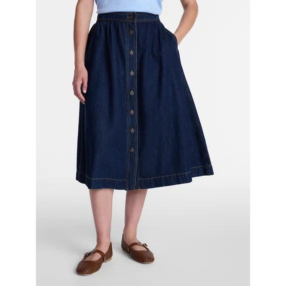 Time and Tru Women's Button Front Denim Midi Skirt, Sizes XS – XXXL | Walmart (US)