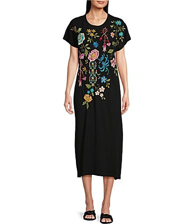 JOHNNY WAS Sheri Relaxed Knit Embroidered Placement Floral Motif Short Sleeve Midi Shift Dress - S | Dillard's