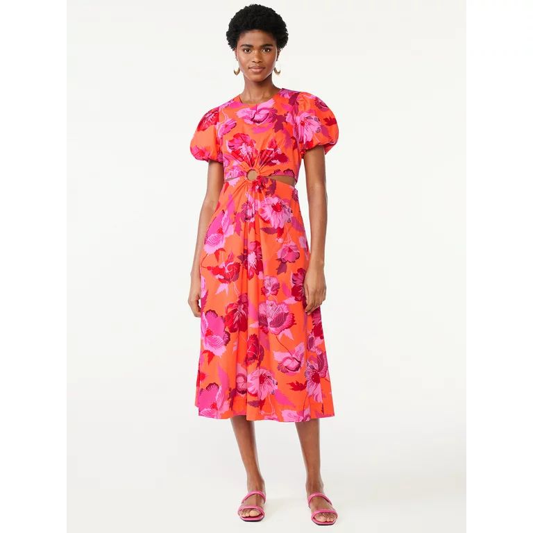 Scoop Women's Cut Out Midi Dress with Puff Sleeves, Sizes XS-XXL | Walmart (US)