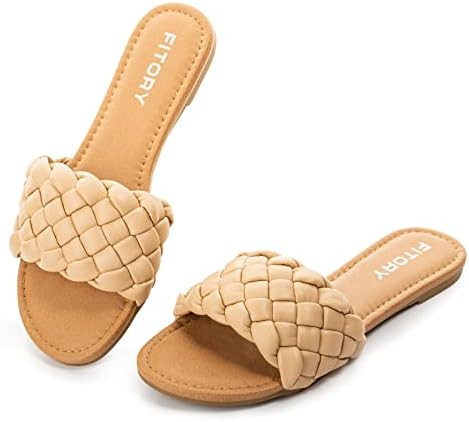 FITORY Womens Flat Sandals Fashion Round Open Toe Slip On Slides with Braided Strap Slippers for ... | Amazon (US)