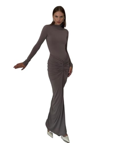 Womens Sexy Maxi Dress Long Sleeve Ruched Bodycon Turtleneck Club Party Casual Wedding Dresses | Amazon (US)
