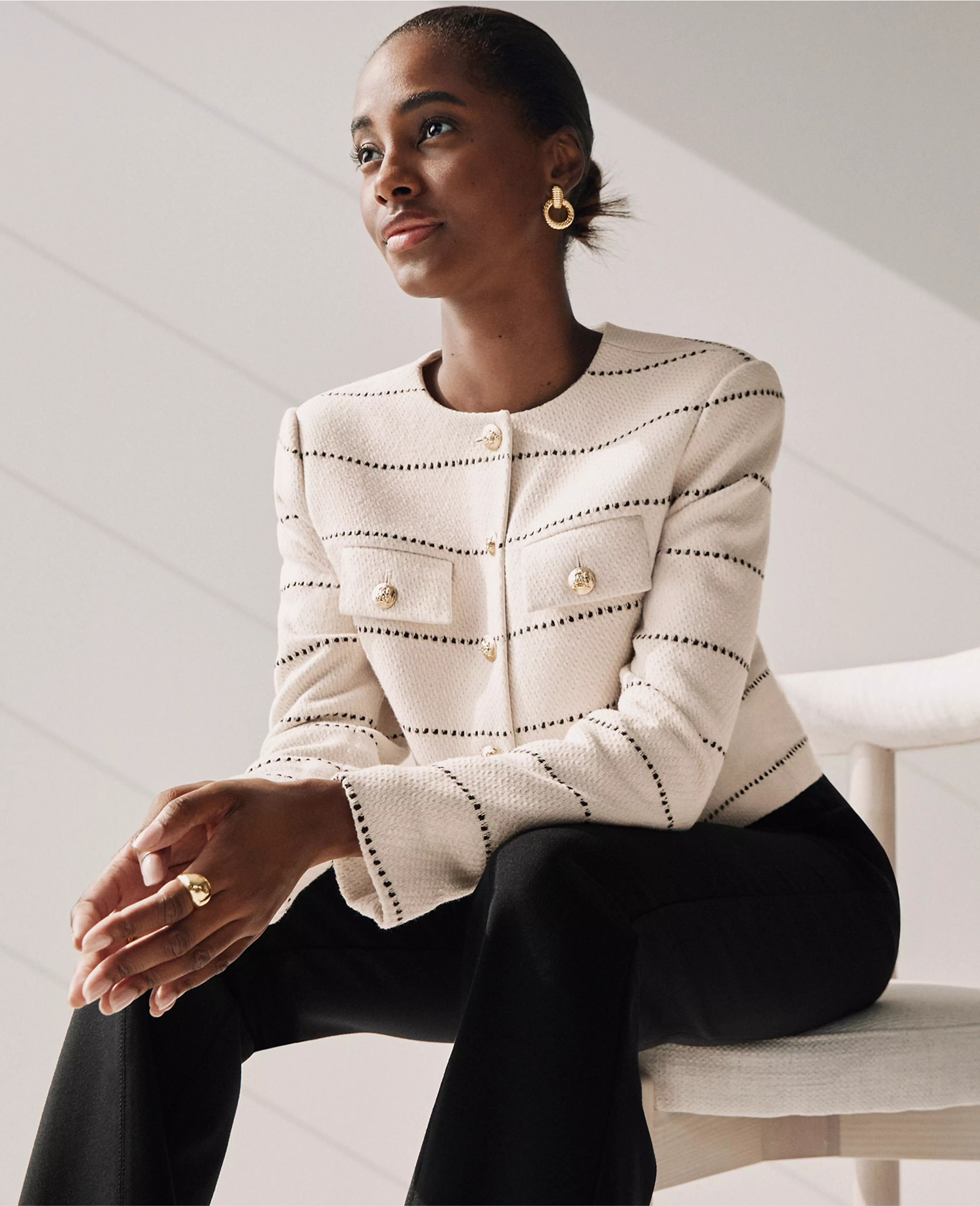Striped Tweed Crew Neck Jacket | Ann Taylor