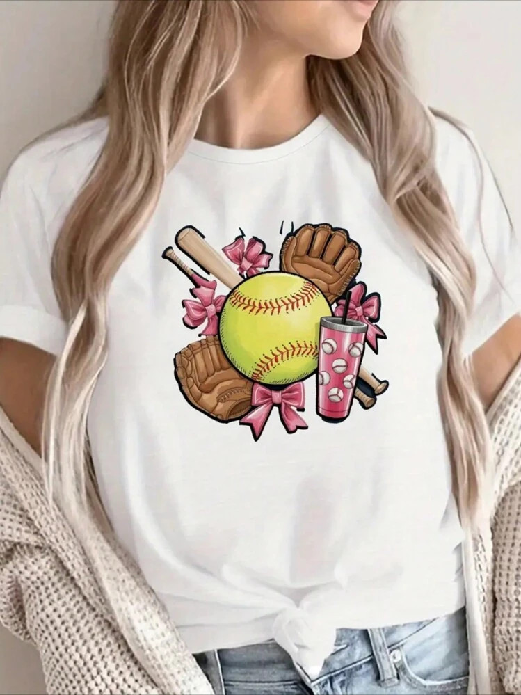 PAYEAH 1pcs 100% Cotton Gloves Softball Themed Elements Illustration Women's Comfit T-Shirt 220g ... | SHEIN