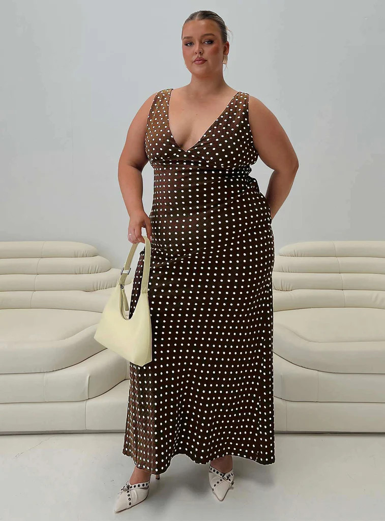 Nellie Maxi Dress Brown Polka Dot Curve | Princess Polly AU