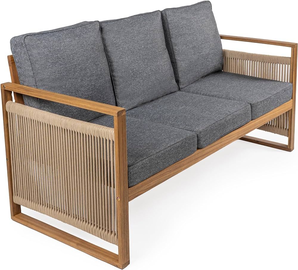 JONATHAN Y SFB1002B Gable 3-Seat Mid-Century Modern Roped Acacia Wood Outdoor Sofa with Cushions ... | Amazon (US)