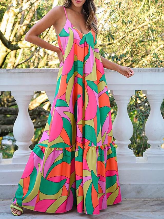 Women's Swing Dress Maxi long Dress Rainbow Sleeveless Color Block Cold Shoulder Print Spring Sum... | Lightinthebox