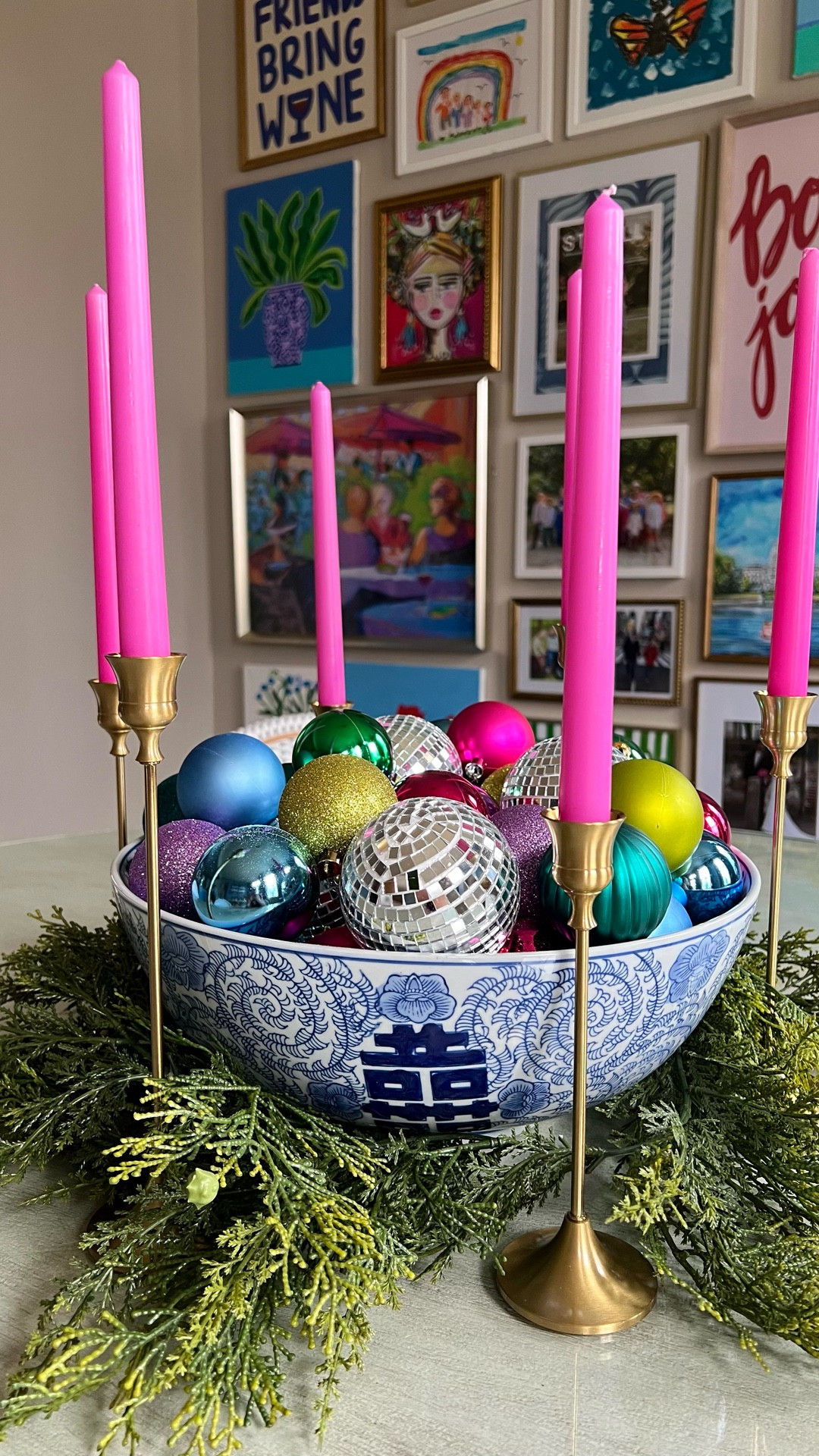 Holiday table centerpiece decorations 🎄🩷 Colorful table decor with taper candles and festive ornaments

#LTKHome #LTKHoliday #LTKSeasonal