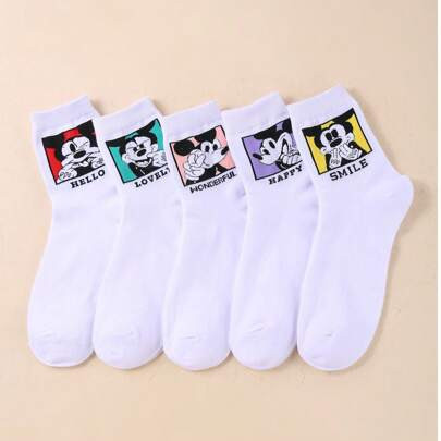 5 Pairs/Set Disney Socks Mickey Mouse Socks For Women Adults Ladies, Suitable For Outdoor Sports Camping Travel, Home Decor, Disneyland Play, Cute Gif | SHEIN