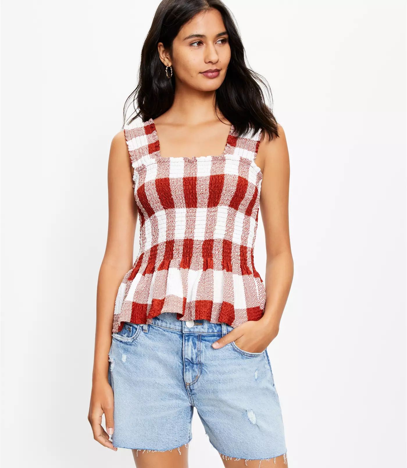 Gingham Smocked Peplum Tank Top | LOFT | LOFT