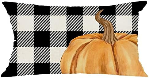 Fall Pillow Cover 12x20 inch Black and White Buffalo Check Plaid Pumpkin Lumbar Throw Pillow Cove... | Amazon (US)