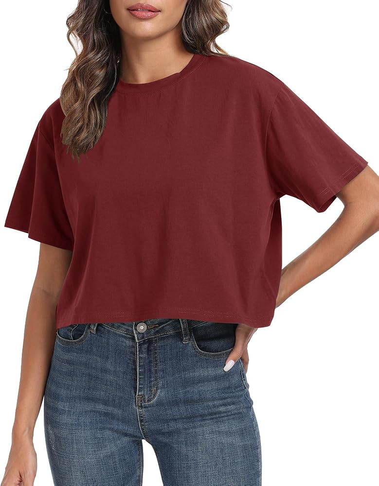 PRIMODA Women's Oversized Workout Cropped T Shirts Crew Neck Short Sleeve Casual Loose Summer Crop Tee Tops Cotton | Amazon (US)