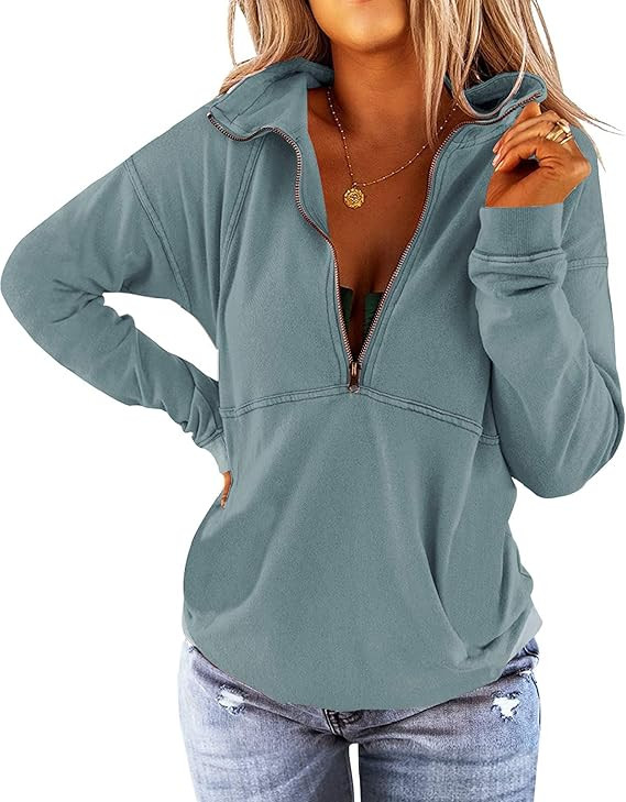 Floral Find Women's Long Sleeve Lapel Half Zip Up Sweatshirt Solid Stylish Loose Fit Casual Pullo... | Amazon (US)