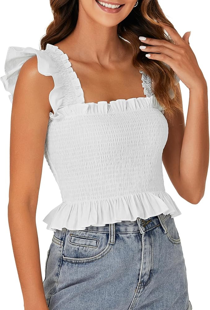 Rooscier Women's Square Neck Smocked Ruffle Cap Sleeve Cami Peplum Top | Amazon (US)