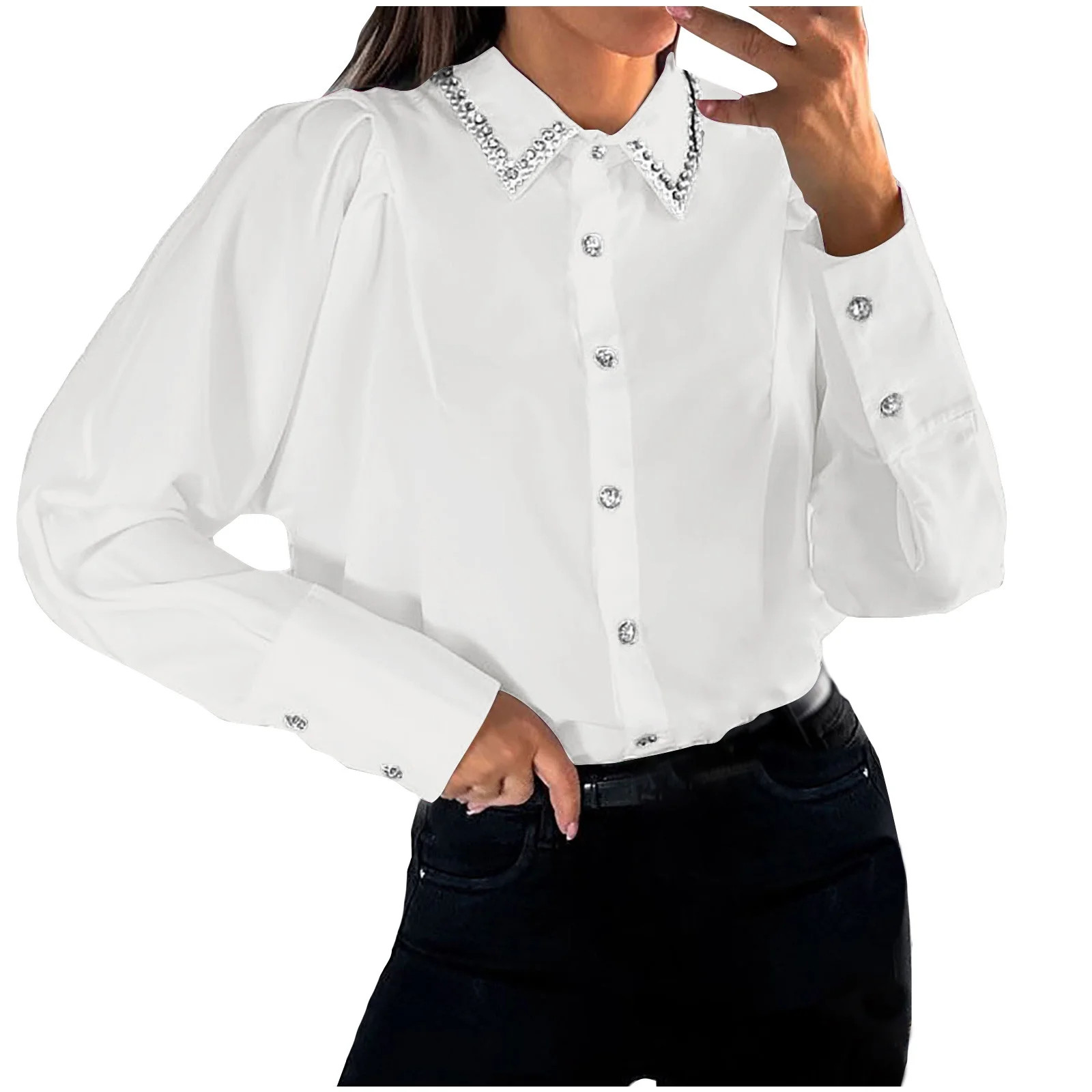 XFLWAM Women's Puff Long Sleeve Button Down Shirts Lapel V Neck Rhinestone Collar Work Blouses Bu... | Walmart (US)