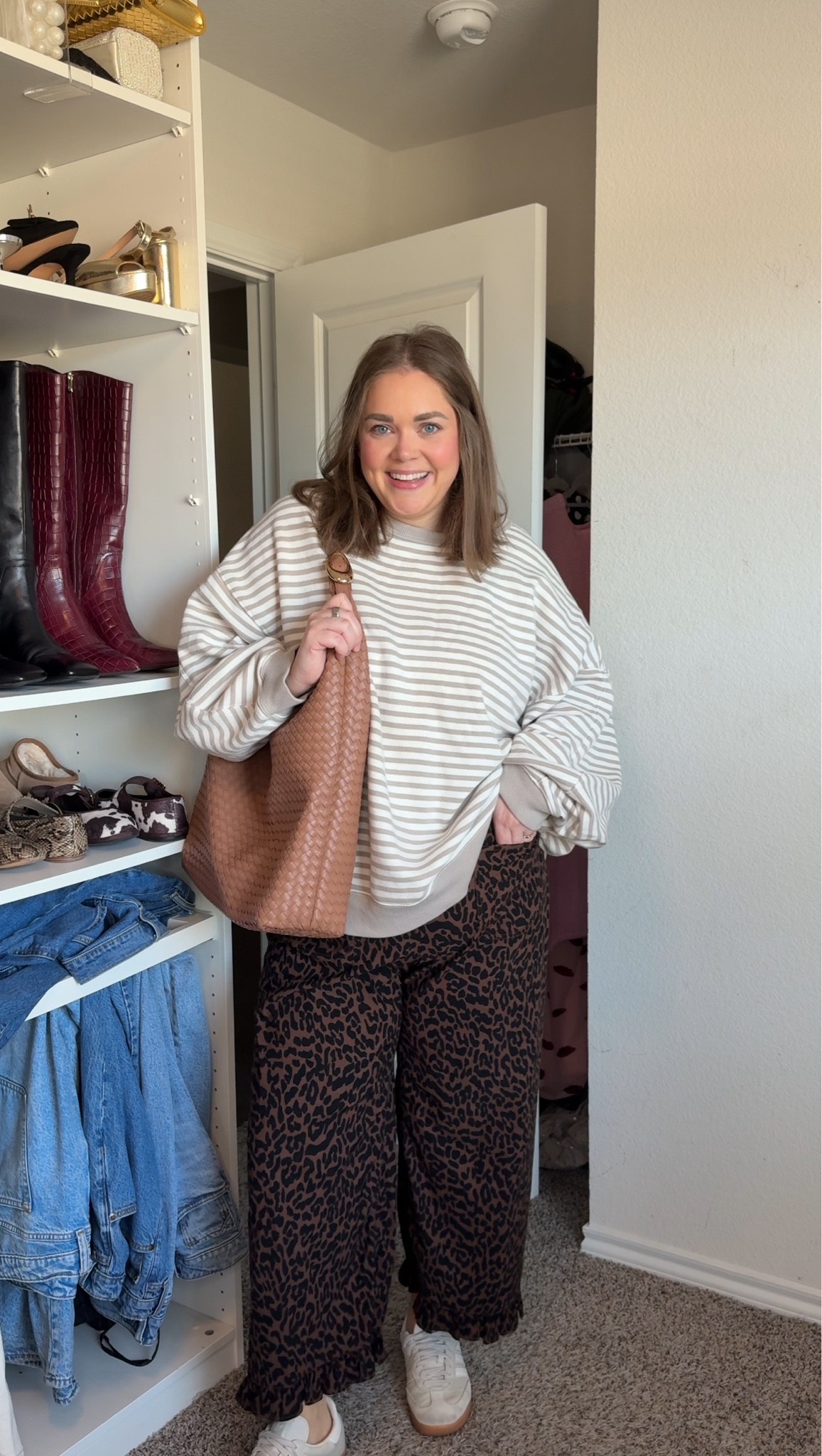 Leopard pants outfit wearing 16 in pants they have stretch! Xxl in sweatshirt for oversized fit 

#LTKPlusSize